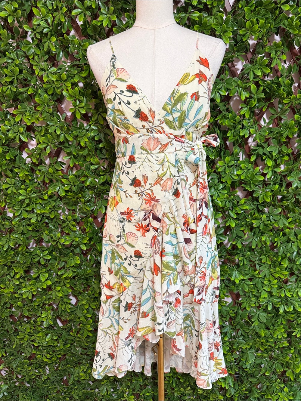 Women's Cream Floral High-Low Wrap Dress with Tie Waist